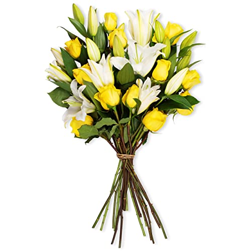 5 White Oriental Lily & 10 Yellow Roses Bunch
