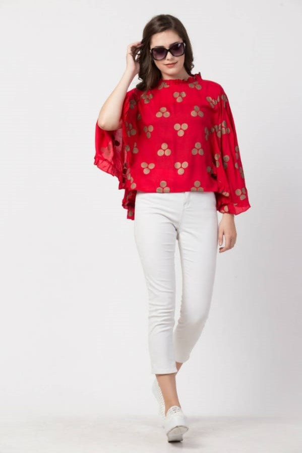 Rayon Fabric Gold Print Frilled Sleeves
